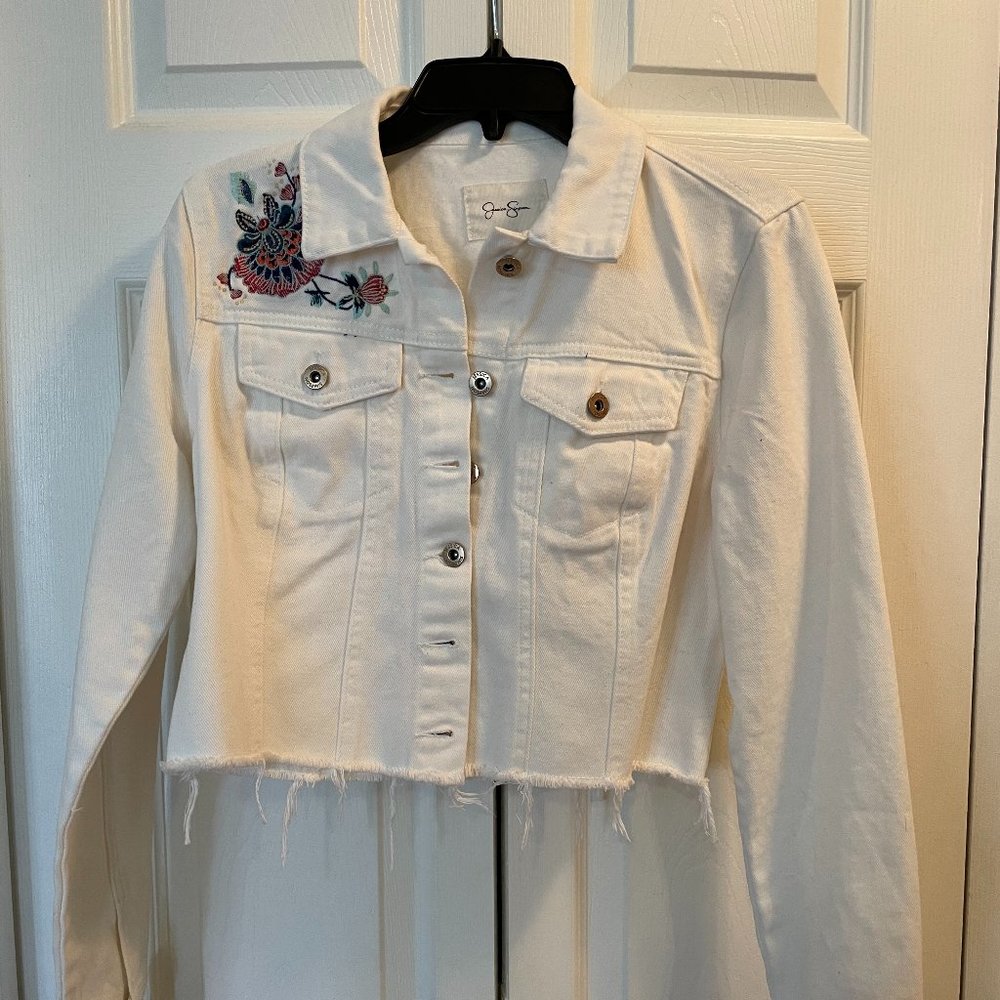 Jessica Simpson Cropped Embroidered Jean Jacket